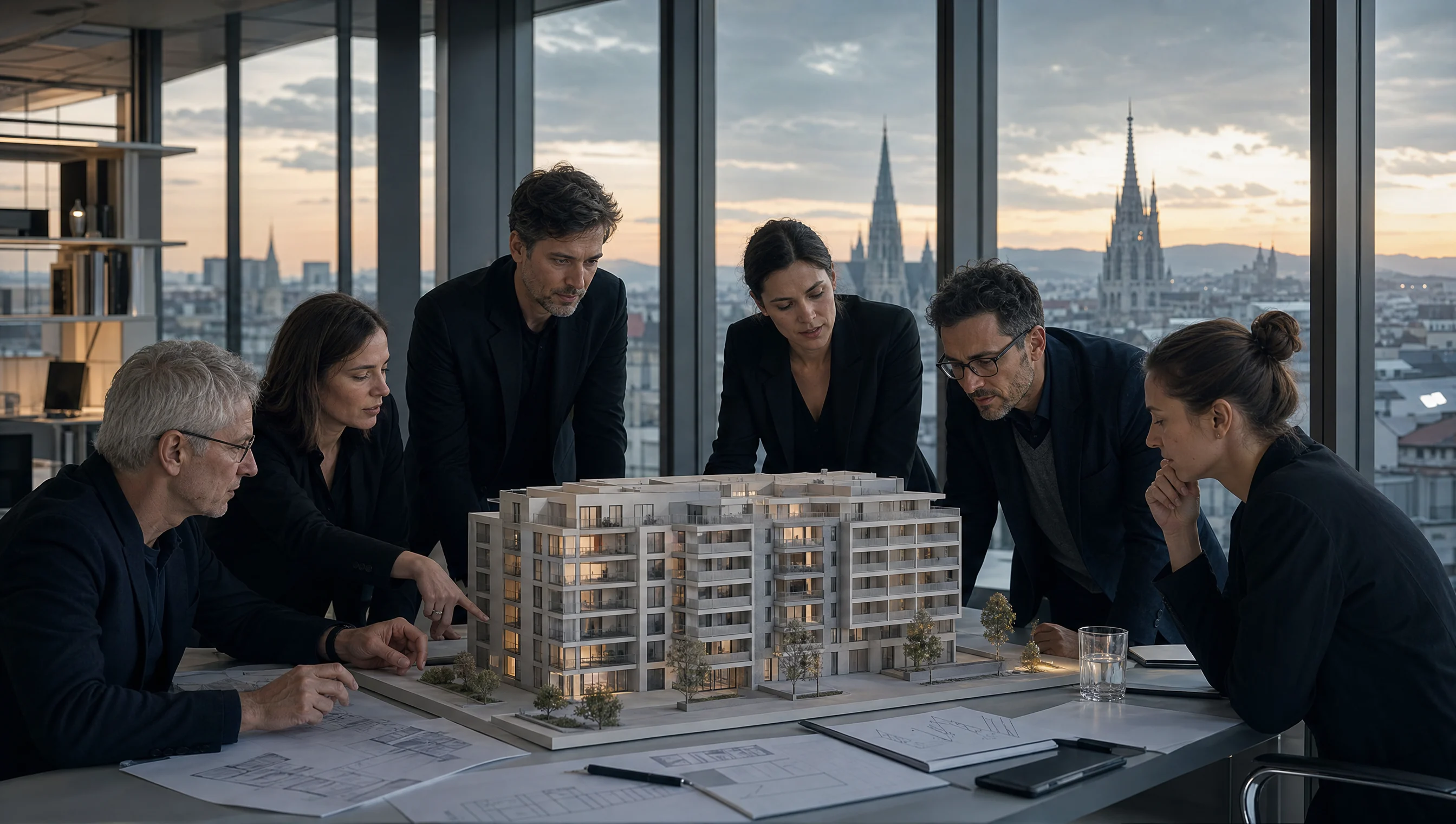 Das NOVORA Team bespricht ein Architekturmodell